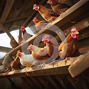 Poultry haven Chickens comfortably settled in a well organized henhouse