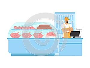 Poultry meat store, farm food market. Supermarket, grocery store meat section. Butchers shop, vector illustration.