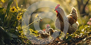 Poultry in a rural yard. Hen and chickens in a grass in a farm against sun photos. Gallus gallus domesticus. Poultry organic farm