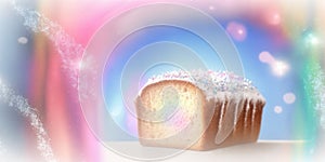 Pound Cake On Background White Pink Blue Magical Fantasy Bokeh. Generative AI