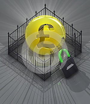 Pound coin in padlock locked fence concept