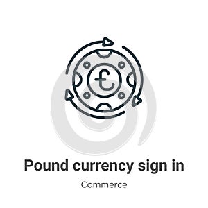 Pound currency sign in counterclockwise circle of arrows outline vector icon. Thin line black pound currency sign in