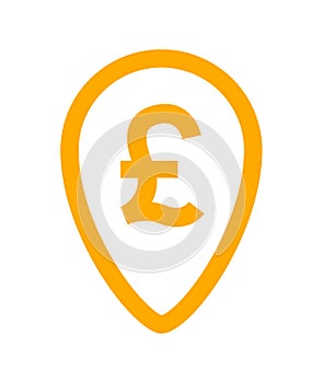 Pound currency symbol in pin point for icon, pound money icon orange, pound money symbol in pointer pin, pound currency coin for