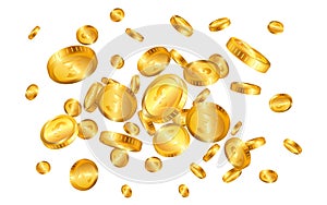 Pound gold coins explosion isolated on white background. Vector illustration