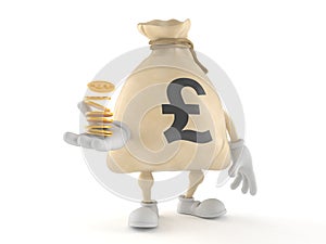 Pound money bag character with stack of coins