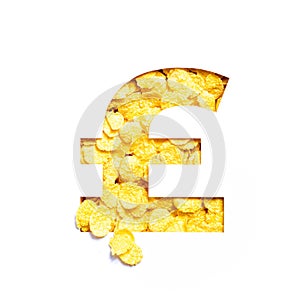 Pound money sign made of bio corn flakes and cut paper isolated on white. Font for organic food store