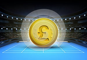 Pound prize money placed on a blue tennis court