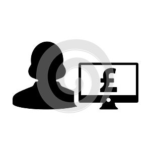 Pound sign icon vector female user person profile avatar with computer monitor currency symbol for banking and finance business