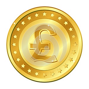 Pound sterling currency gold coin with stars. Vector illustration isolated on white background. Editable elements and glare.