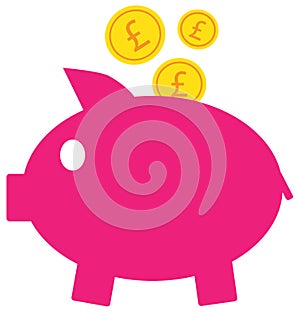 Pound Sterling currency icon or logo on coins entering a piggy bank.