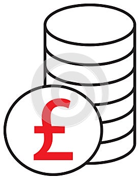 Pound Sterling currency icon or logo over a pile of coins stack.