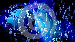 Pound sterling world map of currency symbols financial news infographic on economic trade of yen, yuan, dollar, euro, and pound