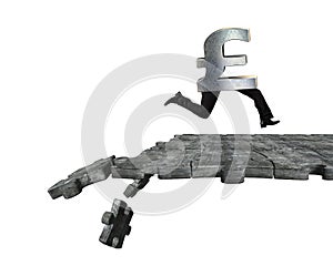 Pound symbol with human legs running on breaking puzzle ground