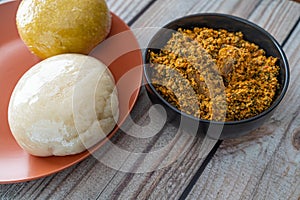 Pounded Yam and Garri Eba served with Egusi Soup ready to eat