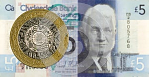 2 Pounds coin against 5 Pounds Sterling note issued by Clydesdale Bank PLC reverse photo
