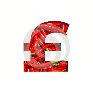 Pounds currency sign of hot red chili peppers and cut paper isolated on white. Spicy veggie font