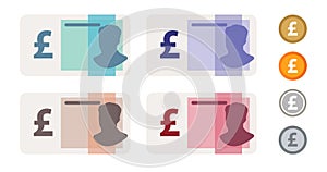 Pounds sterling Great Britain UK bank notes currency icon set collection paper money and coin