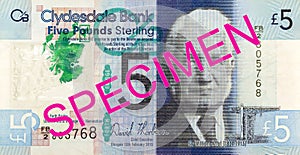 5 Pounds Sterling note issued by Clydesdale Bank PLC specimen reverse photo