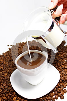 Pour milk in coffee