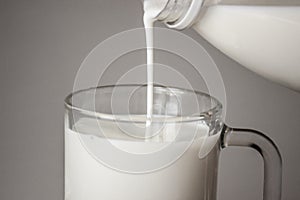 Pour milk into mug from the bottle. Whte milk on the grey background.
