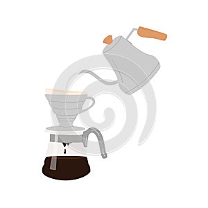 Pour over drip coffee artwork. Manual alternative coffee brewing technique and method. Hand drawn vector illustration