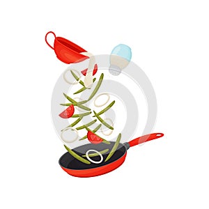 Pour the vegetables in a red frying pan. Vector illustration on white background.