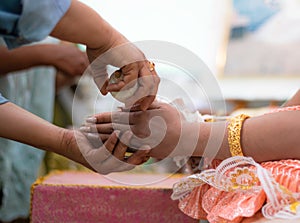 Pour water into the hand. Thai wedding ceremony is to tell the general public that they will live together. Promise to live