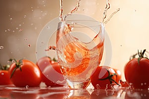 Poured tomato sparkling juice, tomatoes, product shot, studio front shot, soft colors