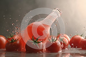 Poured tomato sparkling juice, tomatoes, product shot, studio front shot, soft colors