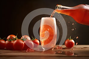 Poured tomato sparkling juice, tomatoes, product shot, studio front shot, soft colors