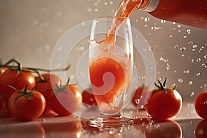 Poured tomato sparkling juice, tomatoes, product shot, studio front shot, soft colors