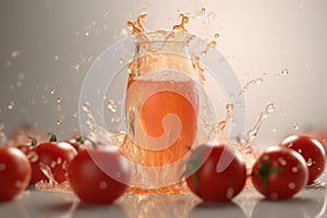 Poured tomato sparkling juice, tomatoes, product shot, studio front shot, soft colors