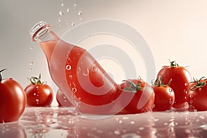 Poured tomato sparkling juice, tomatoes, product shot, studio front shot, soft colors