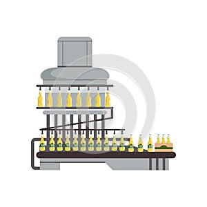 Pouring alcoholic drink in glass bottles, conveyor automatic line, beer brewing process vector Illustration on a white
