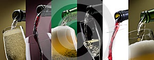 Pouring alcoholic drinks in glasses photo collage