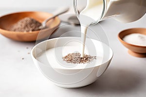 pouring almond milk onto bowl of chia seeds