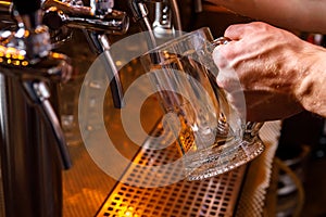 Pouring beer into a mug in a beer bar close-up. Beer bottling in the restaurant.