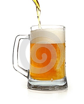 Pouring beer in mug isolated on white