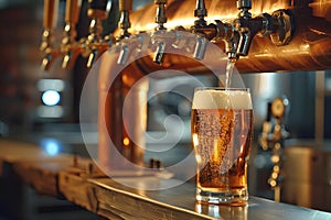 Pouring beer from tap into pint glass with rustic brewing equipment. Concept Beer Brewing, Rustic