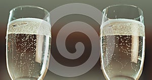 Pouring champagne flute, bubbles and drinks for party, celebration and new year in closeup. Wine glass, zoom and