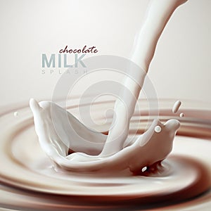Pouring chocolate milk trickle and crown splash on swirling whirlpool creamy background