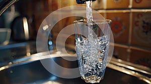 Pouring clean drinking water into a glass from a modern kitchen faucet