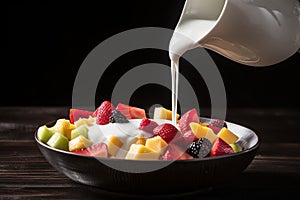 pouring coconut milk into a bowl of exotic tropical fruit salad