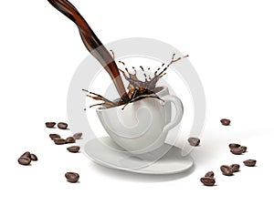 Pouring coffee with splash in white cup jumping on saucer