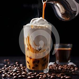 Pouring cold brew coffee into transparent glass with ice cubes. Dark food photography. Cold summer healthy drinks concept