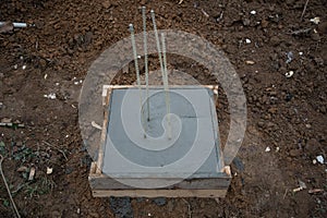 The pouring of the concrete Foundation of the house. Formwork for building a house. Self-construction