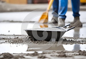 pouring concrete with worker mix cement at construction