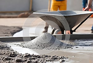 pouring concrete with worker mix cement at construction