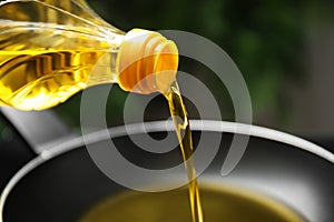 Pouring cooking oil from bottle into frying pan