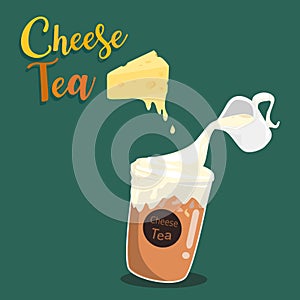 Pouring cream cheese to a plastic glass of iced tea with layer of cream cheese foam, Trendy food and drink.